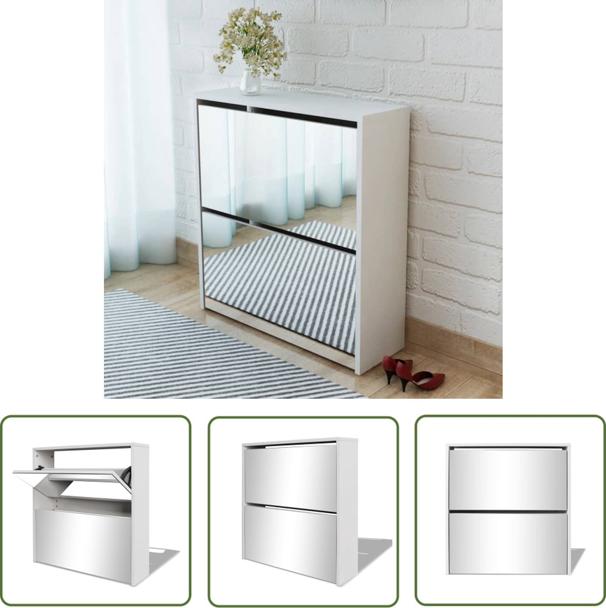 The Living Store Spiegelschoenenkast - Schoenenopberger 63x17x67 cm - Wit (8721031227182)