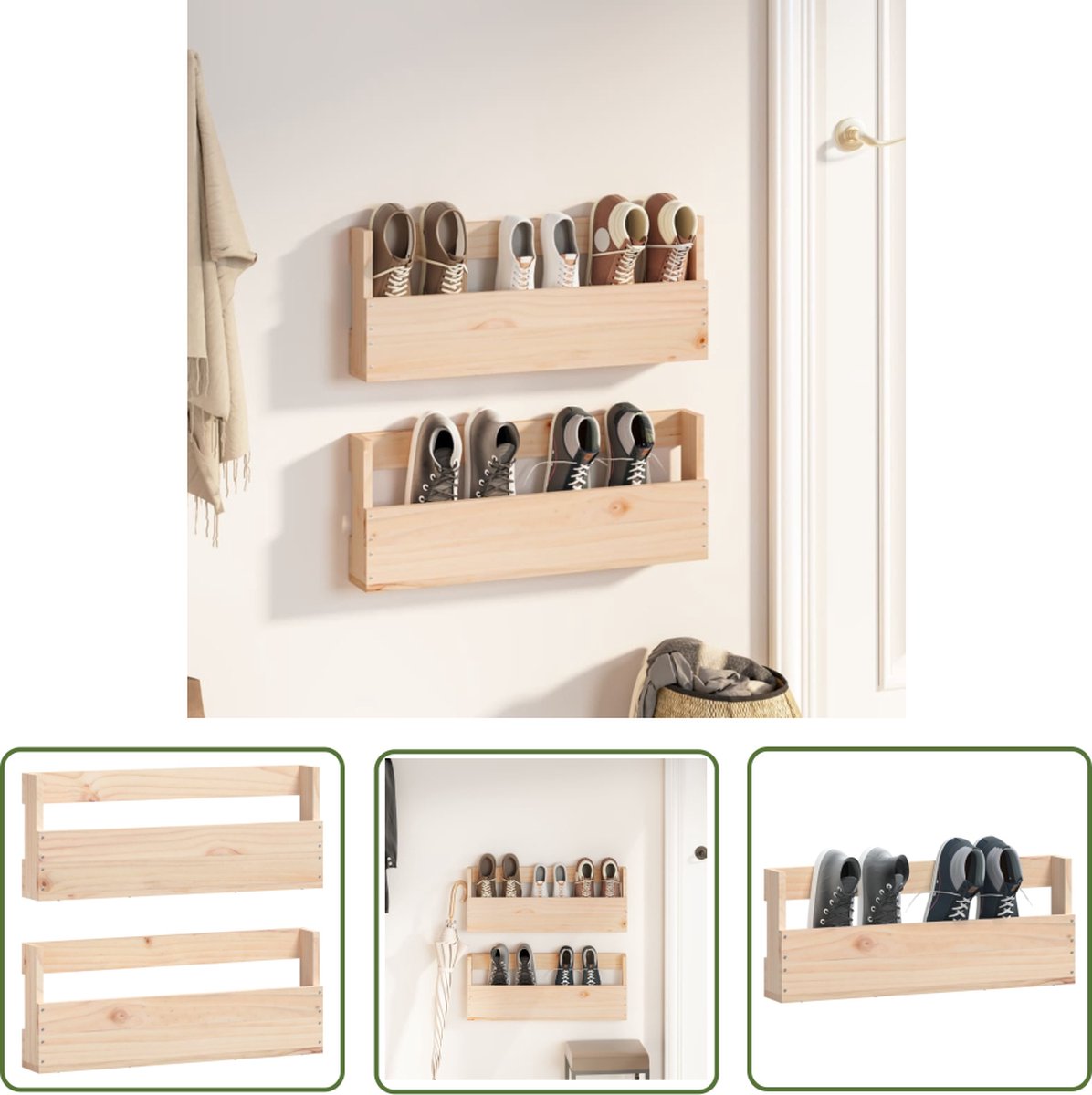 The Living Store Wandgemonteerd Schoenenrek - massief grenenhout - 59 x 9 x 23 cm - opbergruimte - trendy ontwerp - set van 2 (8721031227489)