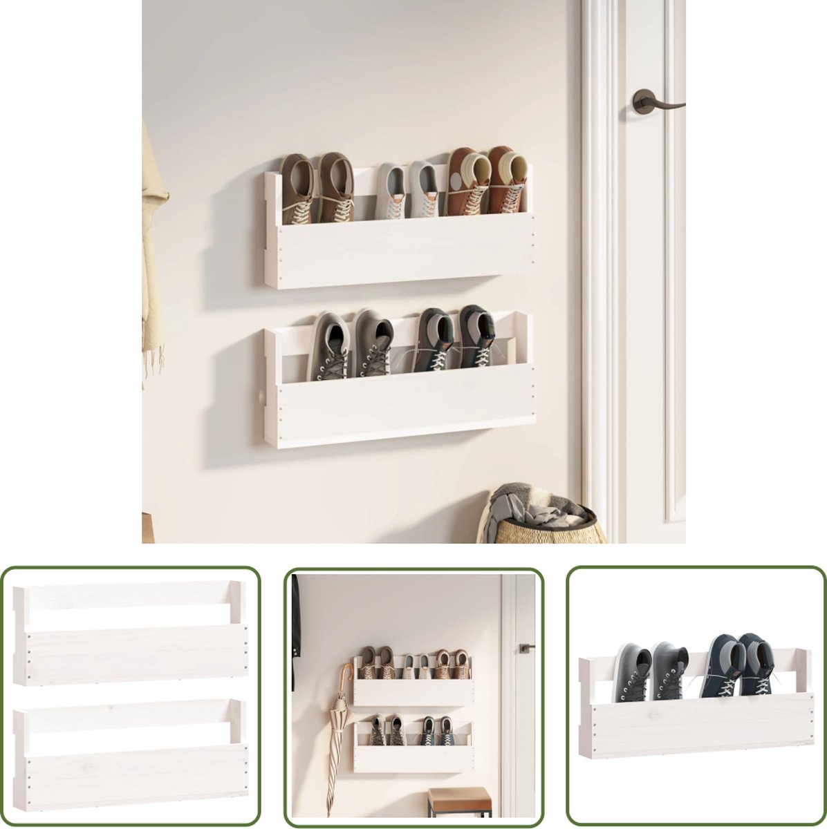 The Living Store Wandgemonteerde Schoenenrekken - Houten - Schoenopbergrekken - Afmetingen- 59 x 9 x 23 cm - Materiaal- Massief grenenhout (8721031230359)