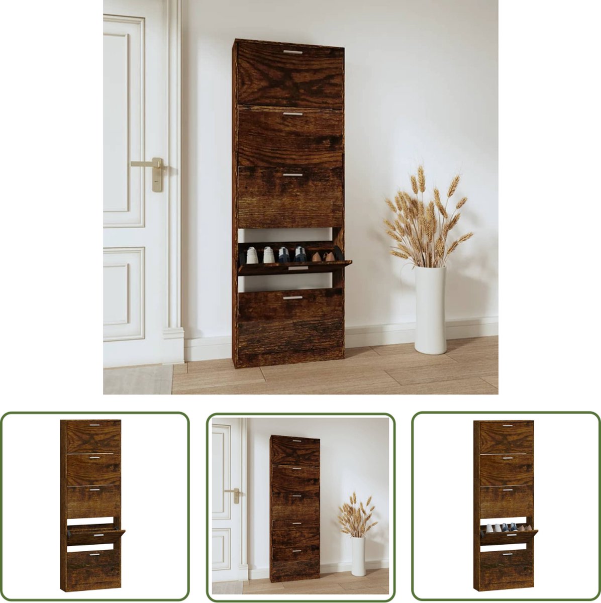 The Living Store schoenenkast - s - Schoenenopbergsysteem - 59x17x169 cm - Gerookt eiken (8721031228127)