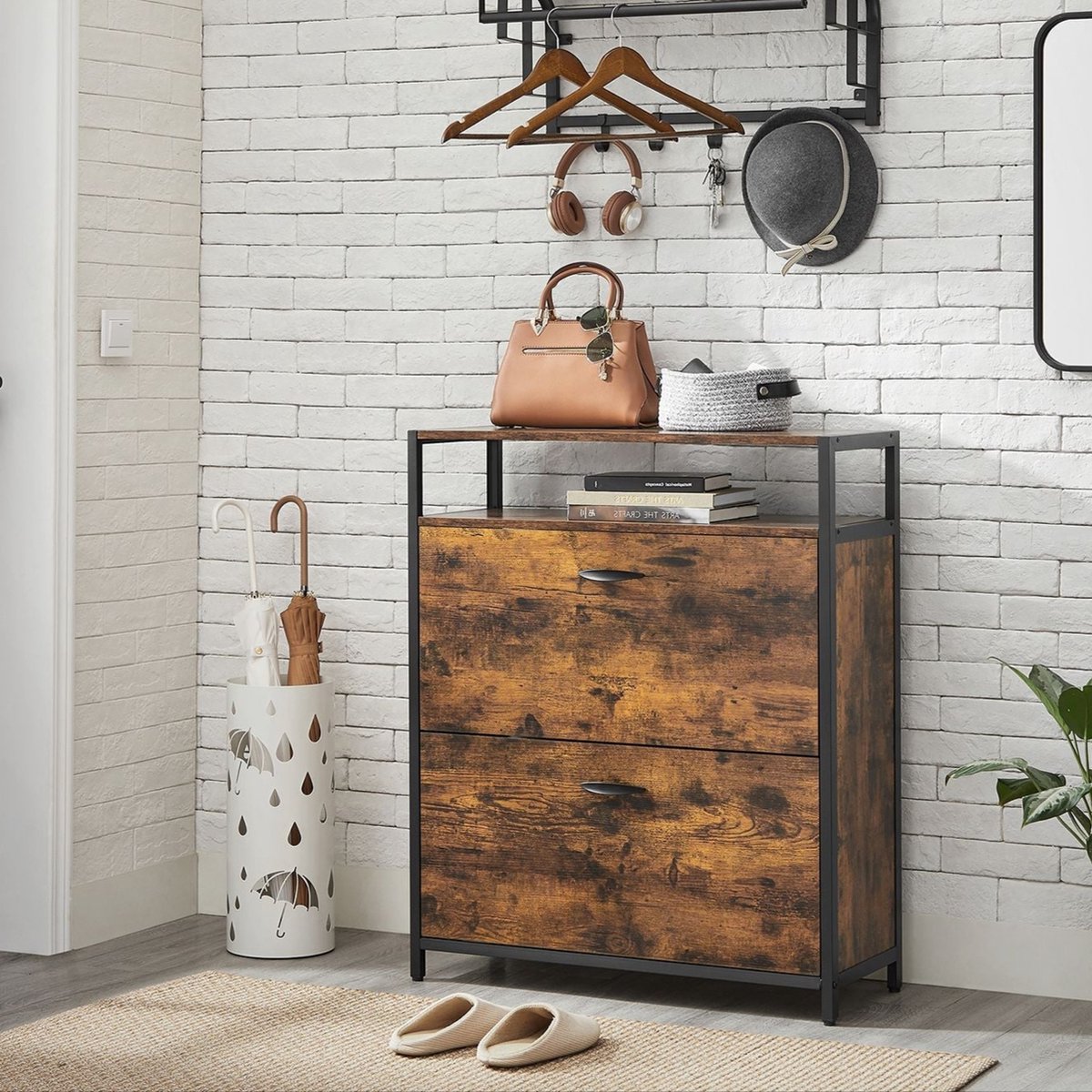 Vintage Bruin Zwart Schoenenkast - Opbergorganisator - Spaanplaat Staal - 20kg Laadvermogen - 60cm x 30cm x 95cm (6097636765773)