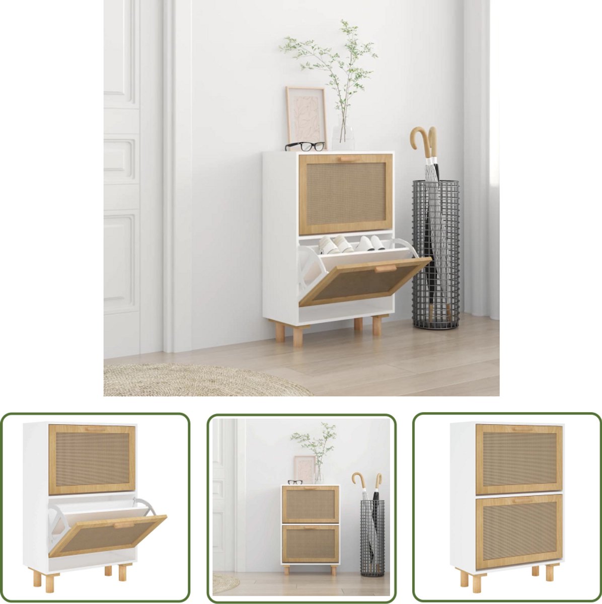 Witte schoenenkast met rattan en grenenhout Schoenenkast - Scandinavisch Design - Houten Schoenenkast - Bergruimte - Entreehal (8116475492829)