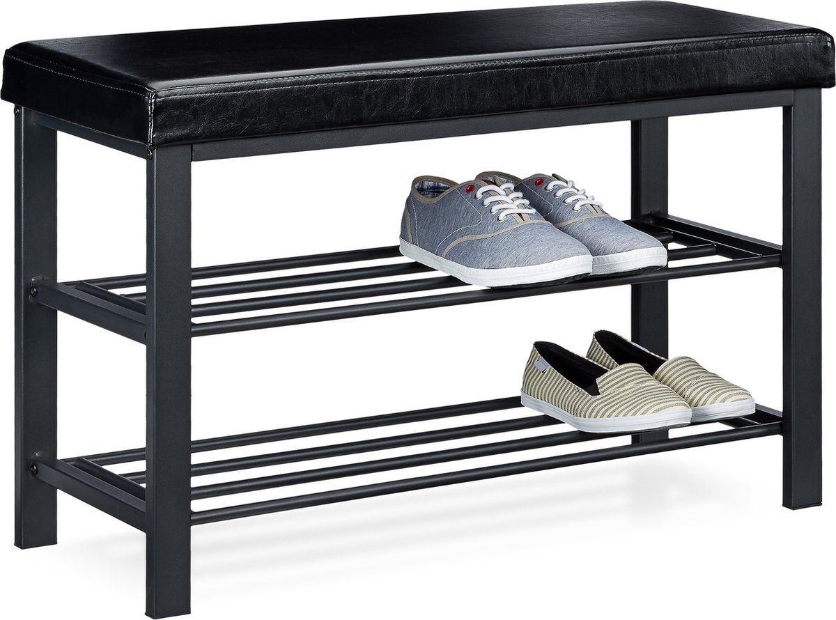 schoenenbank met zitkussen - open - 6-8 paar schoenen - metaal - kunstleer - 49 x 81 x 31 cm - zwart (4052025965143)
