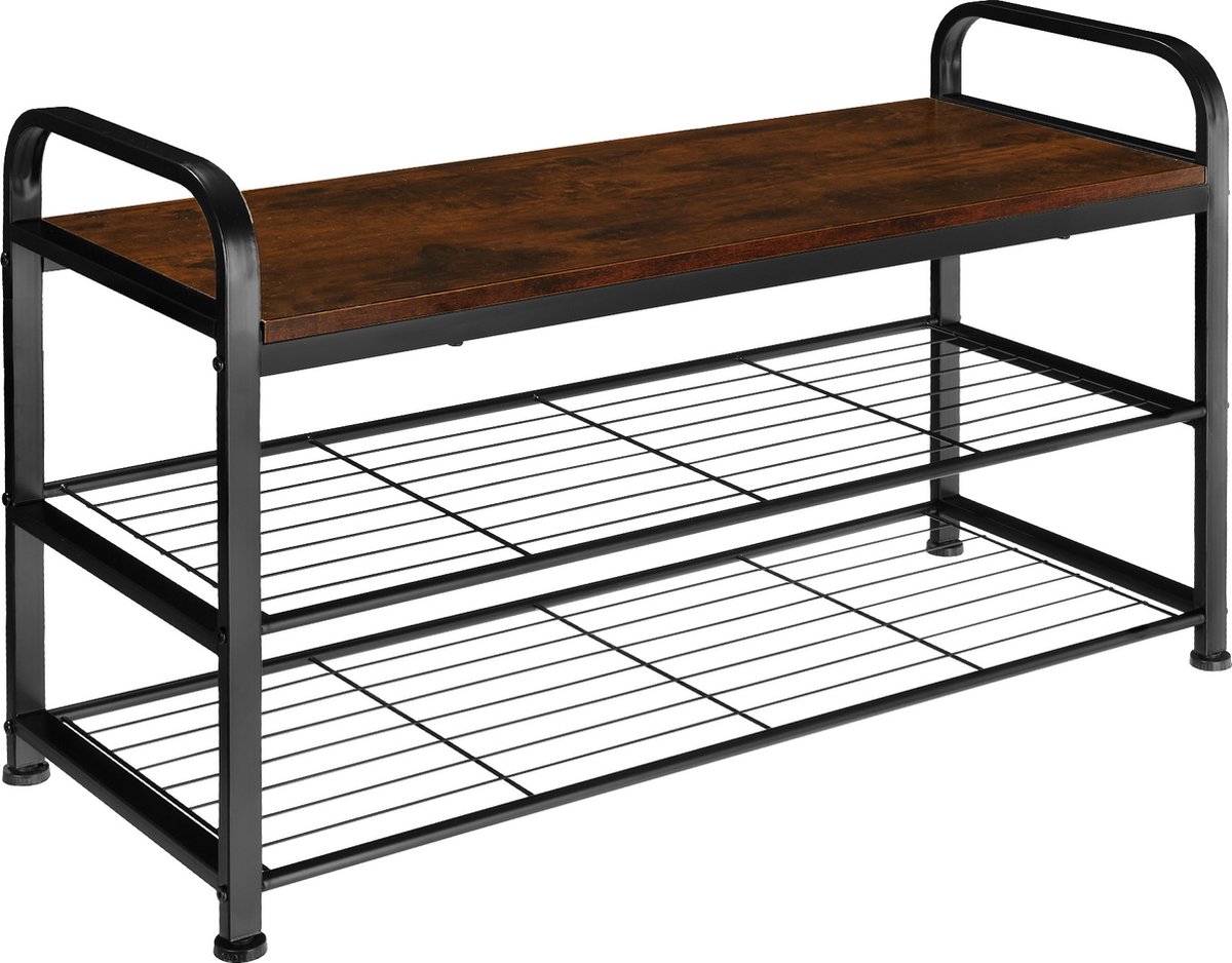 tectake® Smal schoenenrek met zitje - 3 niveaus van 1 zitje en 2 roosterplanken - Schoenenbank van hout en metaal - Industrieel design - Zwart metalen frame - Afmeting (LxBxH) 91 x 36 x 55 cm - Donkerbruin (4061173205926)