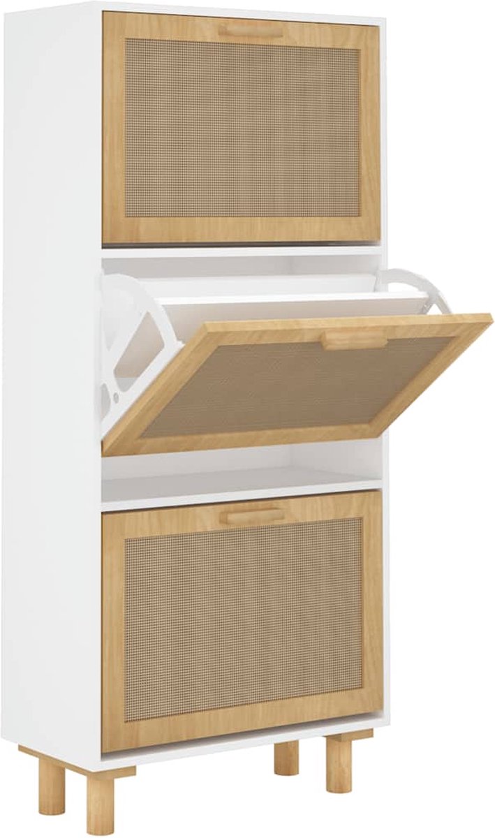 vidaXL - Schoenenkast - 52x25x115 - cm - bewerkt - hout - en - natuurlijk - rattan - wit (8720287102717)