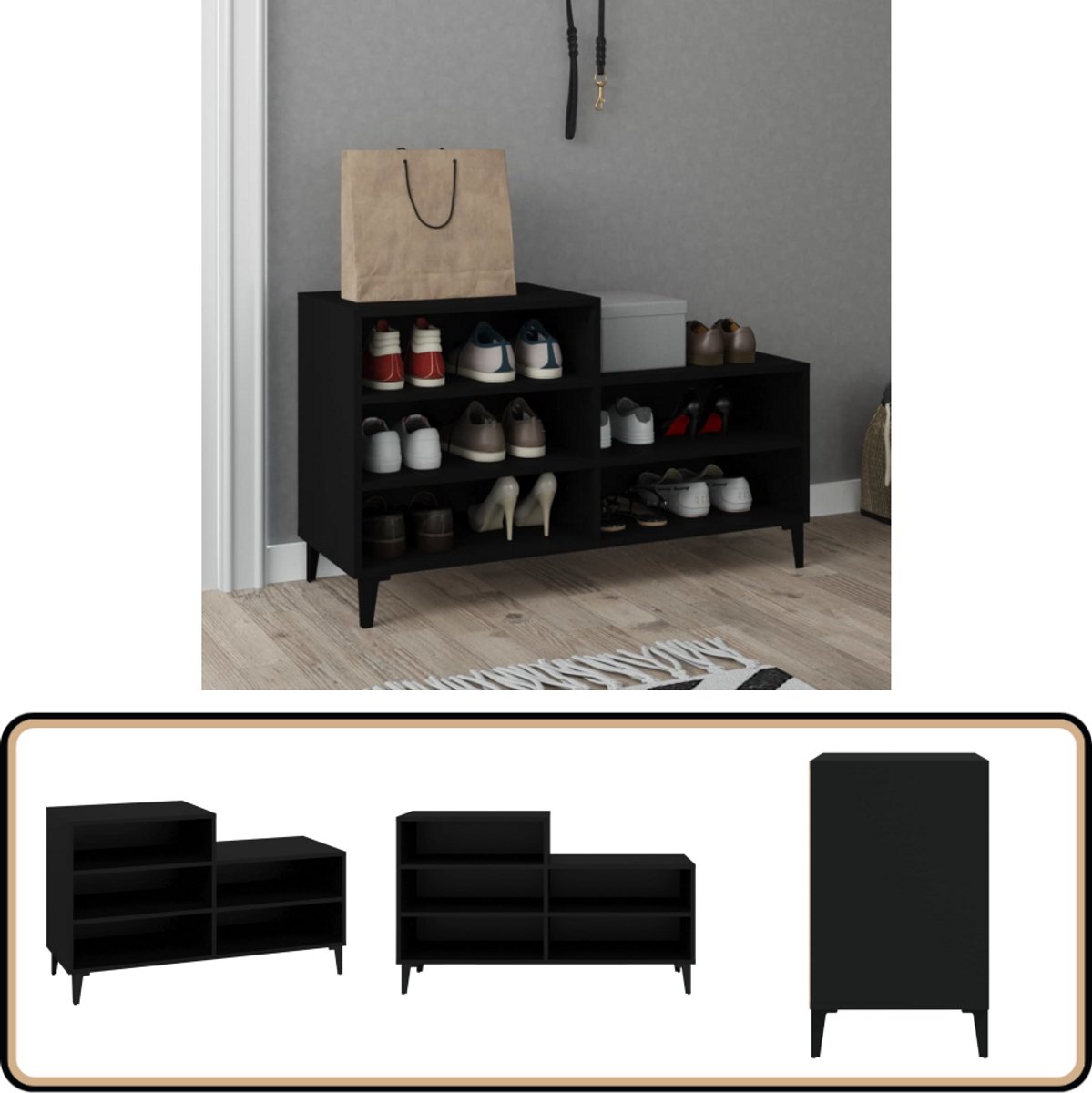 vidaXL Schoenenkast - Bewerkt hout - Zwart - 102x36x60 cm Schoenenkast - Schoenuitlegger - Bergruimte - Houten Schoenenkast - Zwarte Schoenenkast (8235396232267)