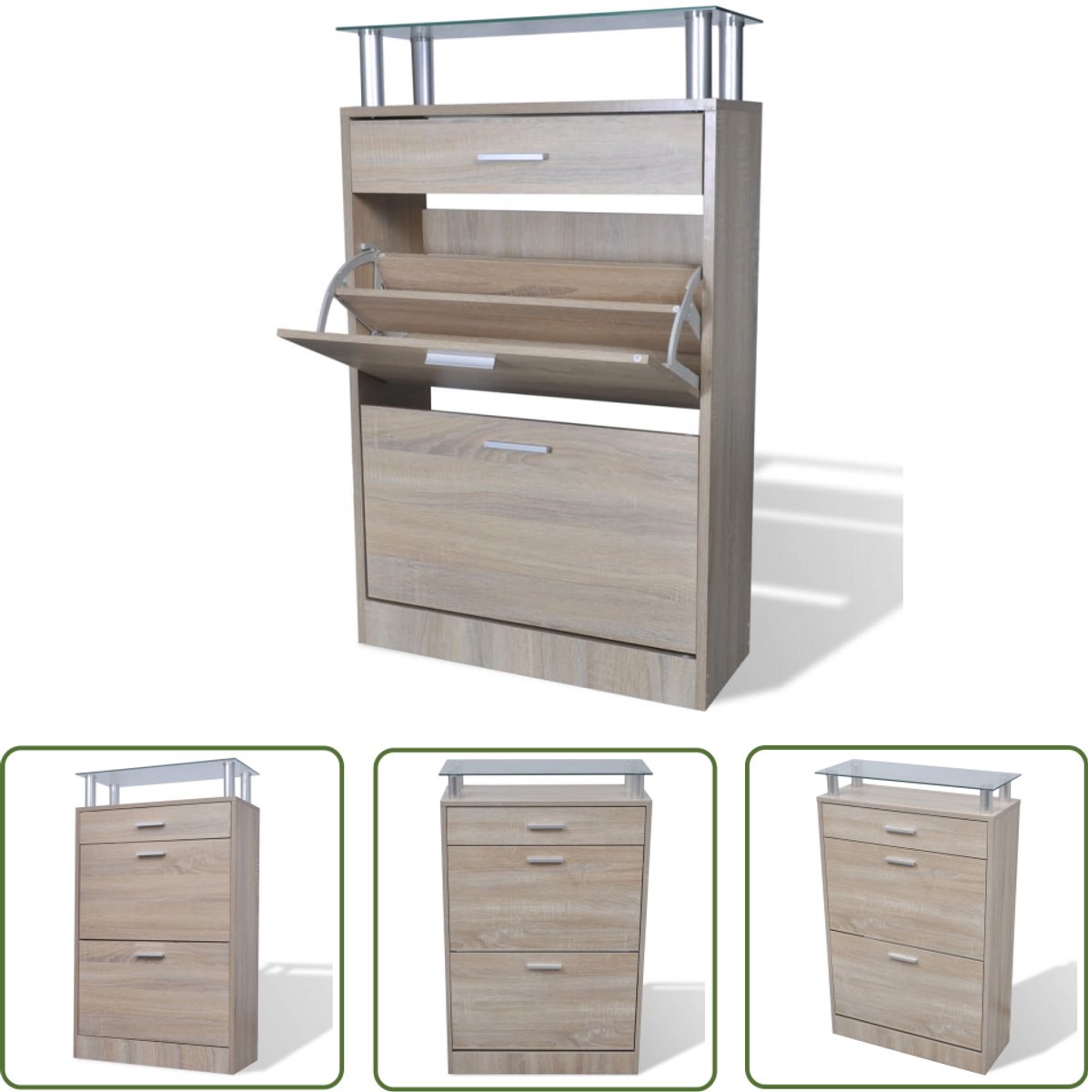 vidaXL Schoenenkast - Lade & Glazen Bovenschap - Eiken Schoenenkast - Houtsoort - Meubilair - Bergruimte - Organisatie (8202522784037)