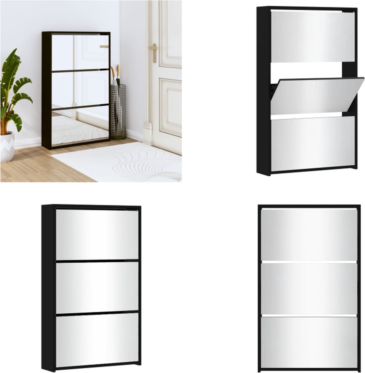 vidaXL Schoenenkast met spiegel 3-laags 63x17x102-5 cm zwart - Schoenenkast - Schoenenkasten - Berging Voor Schoenen - Schoenenrek (8721114717869)