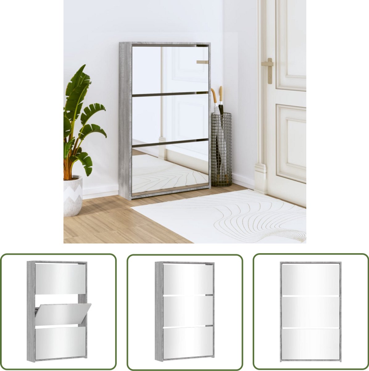 vidaXL Schoenenkast met spiegel - 3-laags - Grijs Eiken Schoenenkast - Kasten - Bergruimte - Entreehal - Organisatie (8346916894770)