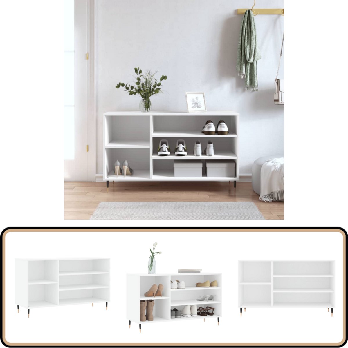 vidaXL Schoenenkast wit 102x36x60 cm hout/metaal Schoenenkast - Houten Schoenenkast - Wit Schoenenkast - Opbergkast Schoenen - Schoeisel Organizer (8138639325125)