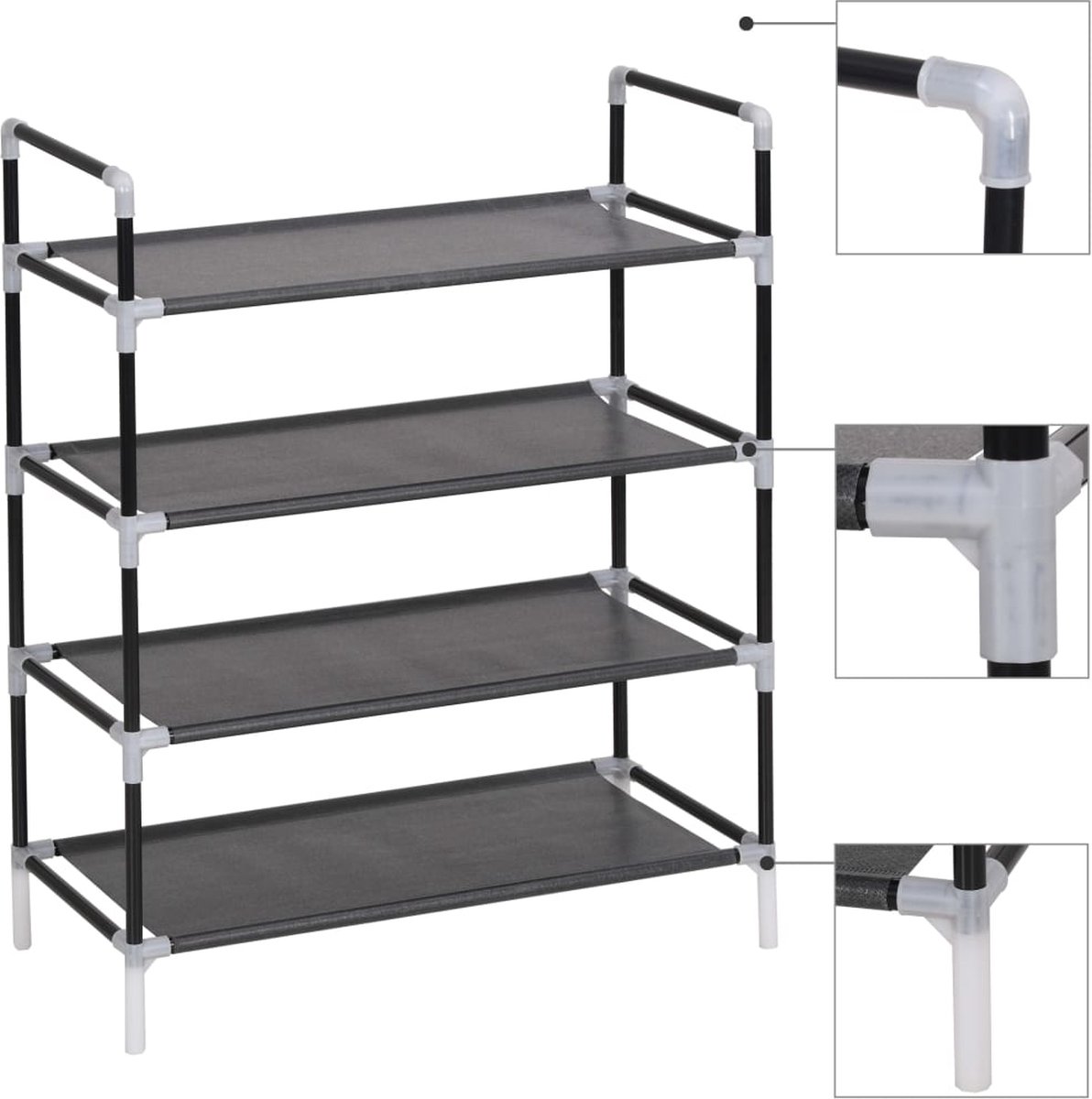 vidaXL Schoenenrek - 4 schappen - Metaal en stof - Zwart Schoenenrek - Schoenuitlegers - Bergruimte - Entree Organisatie - Minimalistisch Meubilair - Zwarte Kast (8186469841988)