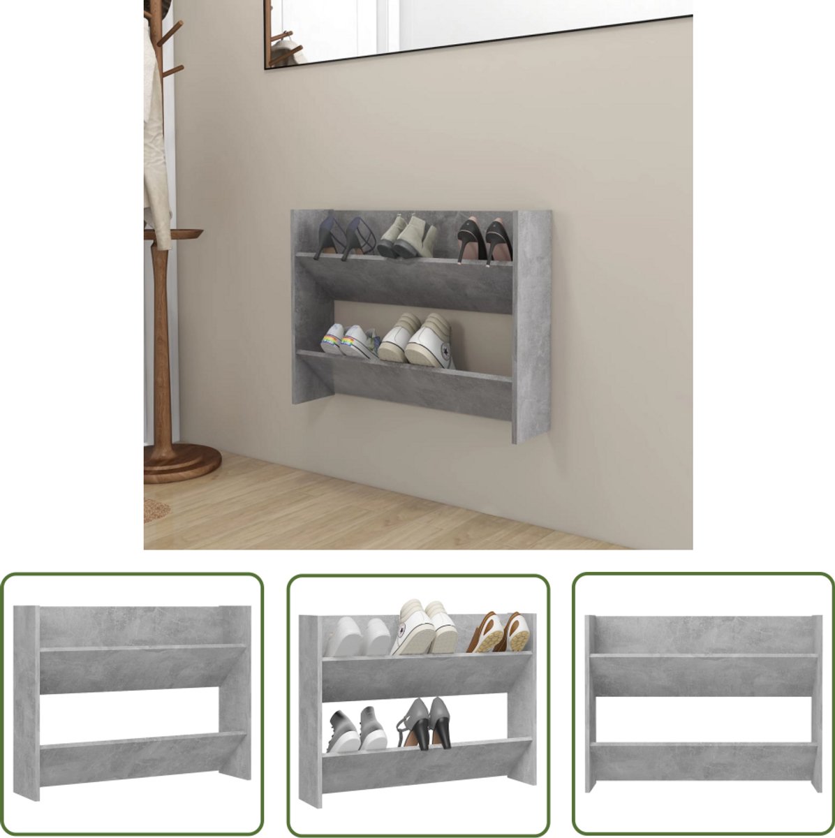vidaXL Wandschoenenkast 80x18x60 cm betongrijs Schoenenkast - Wandschoenendoos - Schoenuitlegger - Bergruimte - Entree Organisatie (8308185795554)