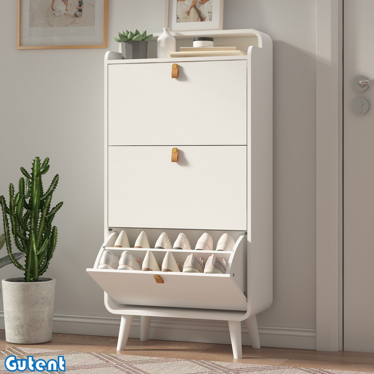 Gutent Schoenenkast - Met 3 Uitklapbare Laden - Smalle Schoenenkast - Met Bovenvak - Wit (6404761463915)