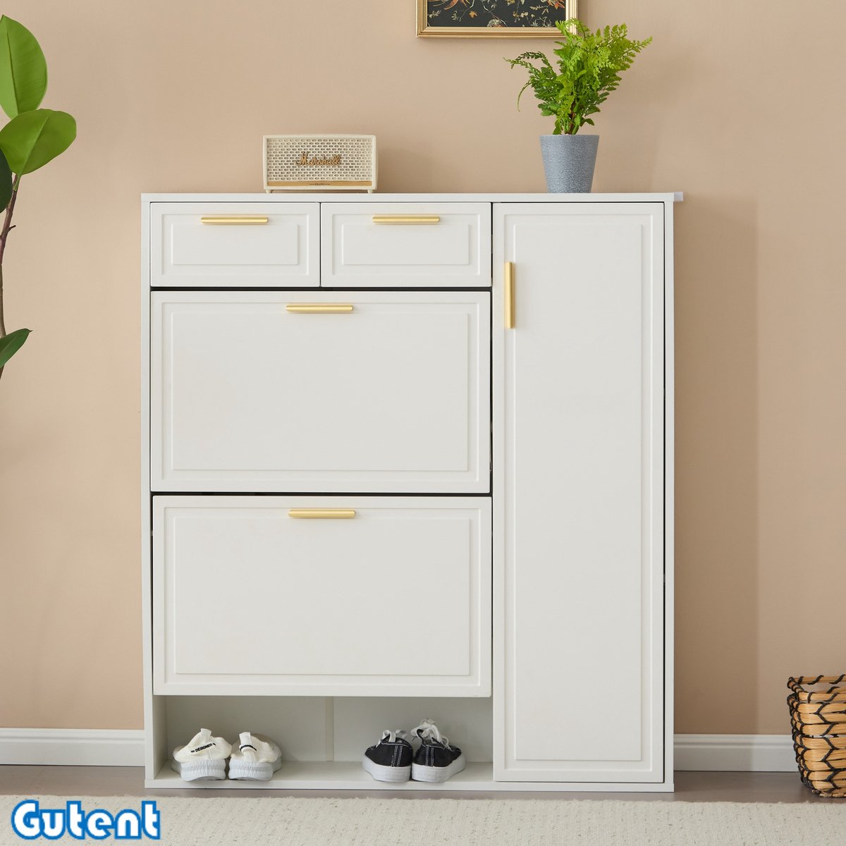 Gutent Schoenenkast-Verstelbare Planken-Gouden Handgreep-Wit-W95/D24/H107,5 (7426582524872)