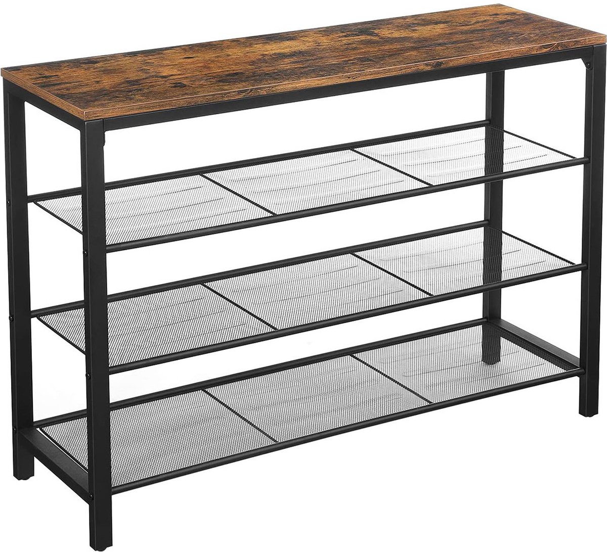 Jordan schoenenrek, schoenenbank, schoenenkast 100 x 30 x 72 cm, schoenenopberger, sneaker sandalen schoenenopberger met 3 fijnmazige mesh planken, woonkamer, slaapkamer, eenvoudige montage, industriële stijl, vintage bruin zwart (9507641248347)