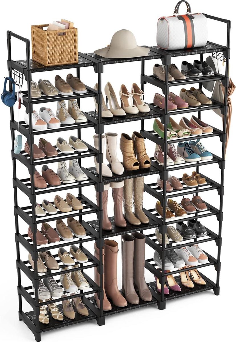 Schoenenkast 10 niveaus - schoenenopslag - metaal - 54-62 paar - ruimtebesparend - staand rek - haken - ingang - kleedkamer - hal (6152912063087)