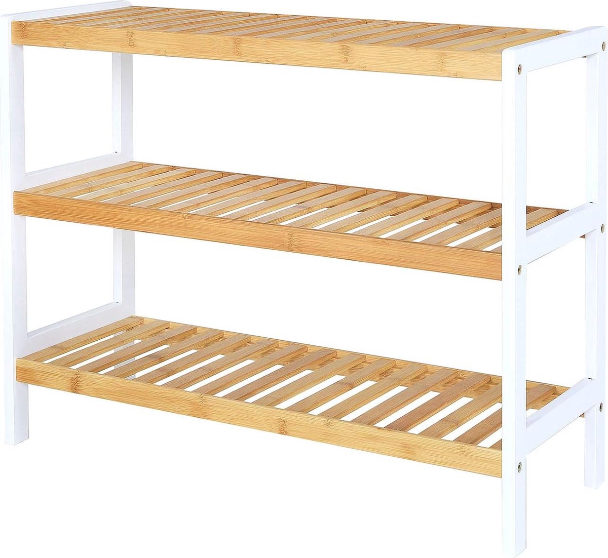 Schoenenrek met 3 opbergvakken, schoenenkast, bamboerek, staand rek, keukenrek, woonkamerrek, 70 x 26 x 55 cm, natuurkleur/wit (7595981345187)