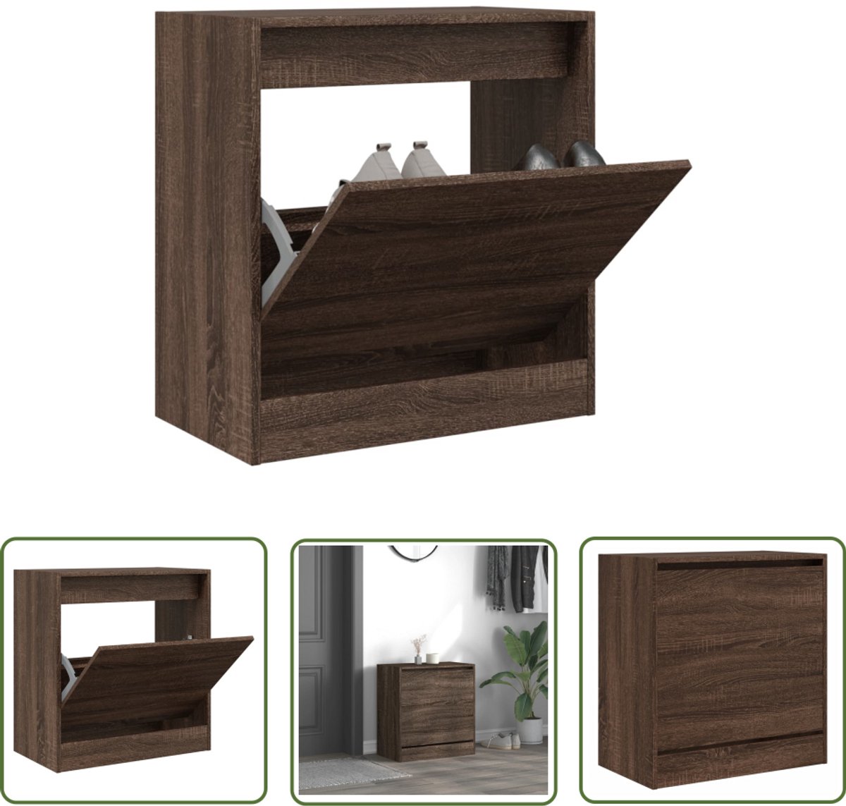 The Living Store Schoenenkast 60x34x63,5 cm bewerkt hout bruin eikenkleur - Schoenenrek - Schoenenrekken - Opbergrek Voor Schoenen - Schoenenstellage (8721194543105)