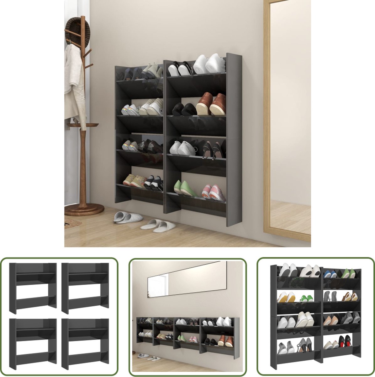 The Living Store Wand schoenenkast - hoogglans grijs - 60 x 18 x 60 cm - 2 schappen (8721031227939)