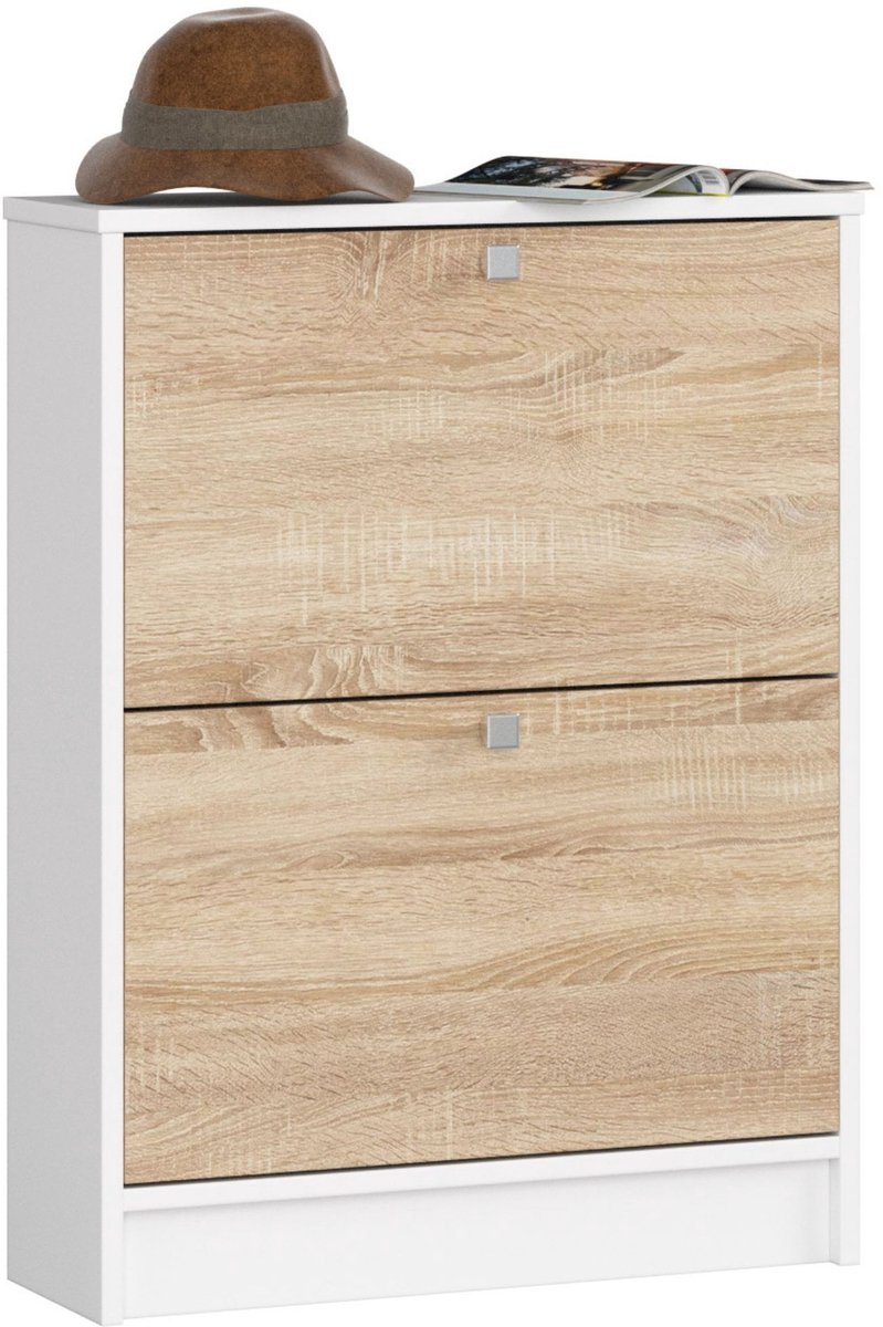 Twee-Deurs Schoenenkast Wit/Dub Sonoma - Klassiek Staand Design - Voor 6 Paar Schoenen (5907512212578)