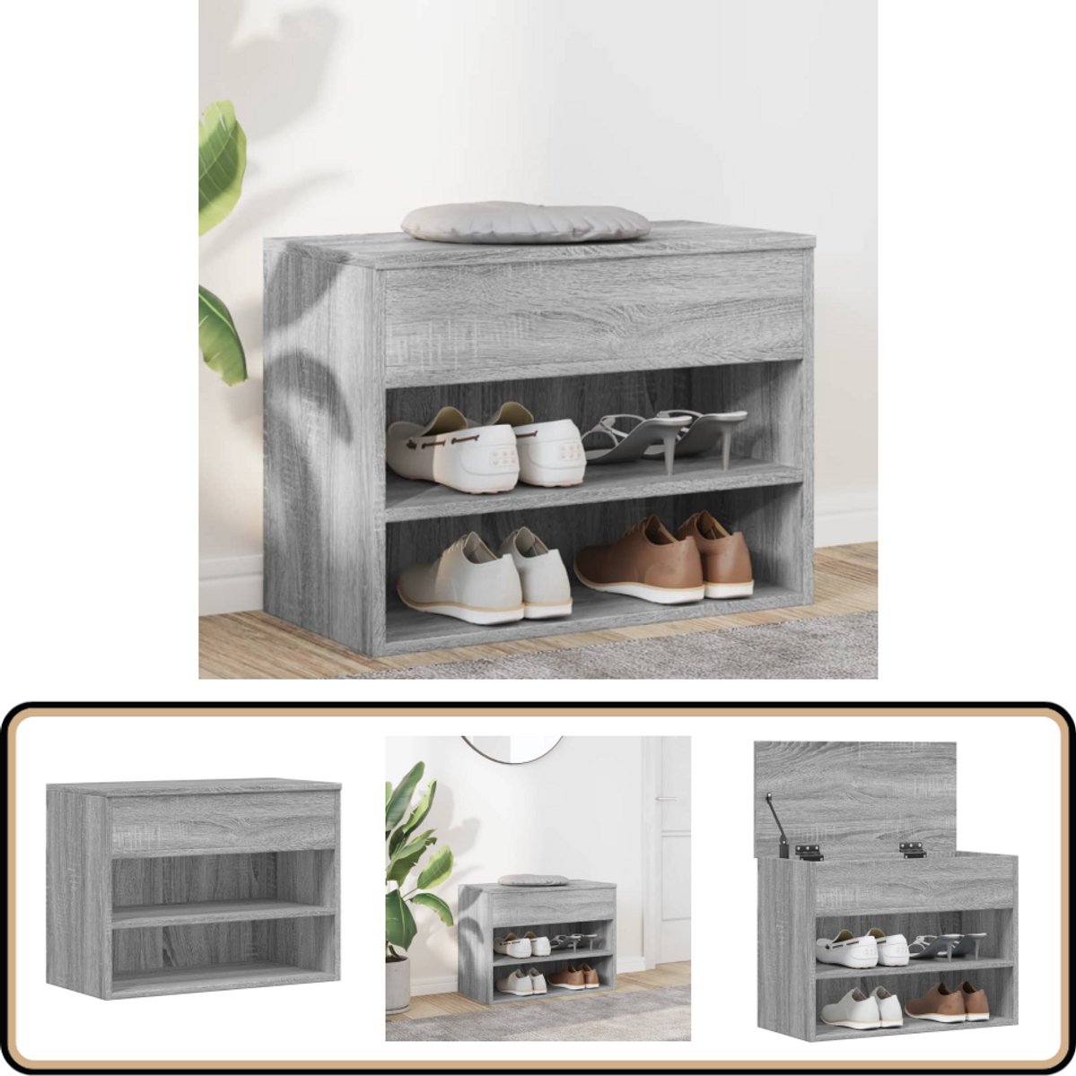 vidaXL Schoenenbank - 60x30x45 cm - Grijs Sonoma Eiken Opslagbank - Schoenu Bank - Schoenenkasten - Meubilair - Woonkamermeubelen (8036386744391)