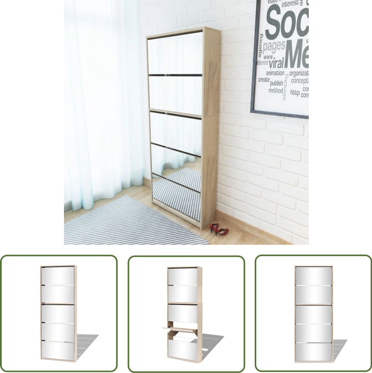 vidaXL Schoenenkast - 5 Lades - Spiegel - Eikenhout Schoenenkast - Eikenhouten Kast - Wandmontage - Schoenuitlegers - Bergruimte (8010933260329)