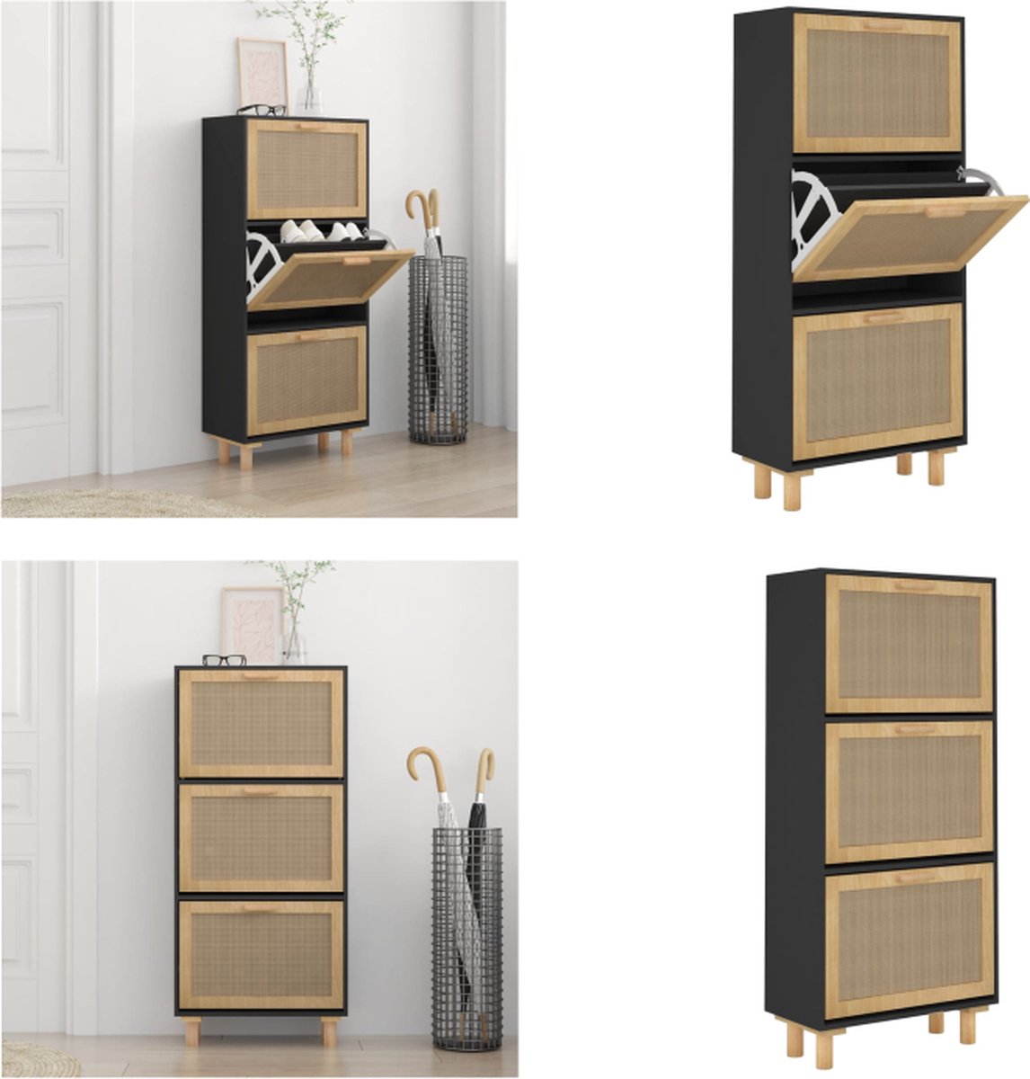 vidaXL Schoenenkast 52x25x115 cm bewerkt hout en rattan zwart - Schoenenrek - Schoenenrekken - Opbergrek Voor Schoenen - Schoenenstellage (8721114794518)