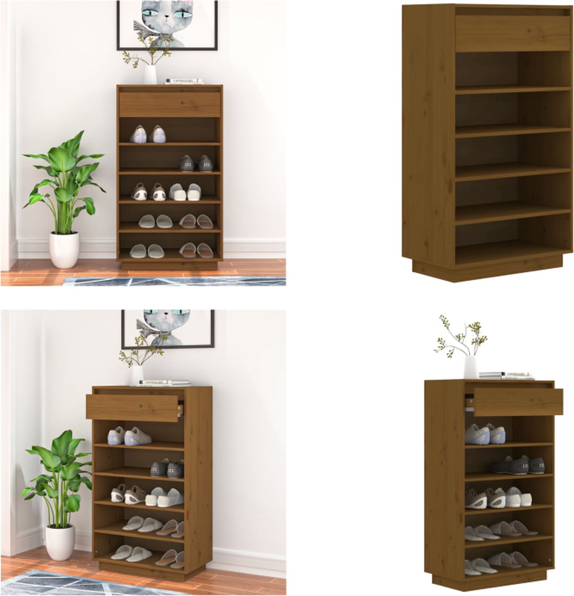 vidaXL Schoenenkast 60x34x105 cm massief grenenhout honingbruin - Schoenenkast - Schoenenkasten - Houten Schoenenkast - Halkast (8721114683942)