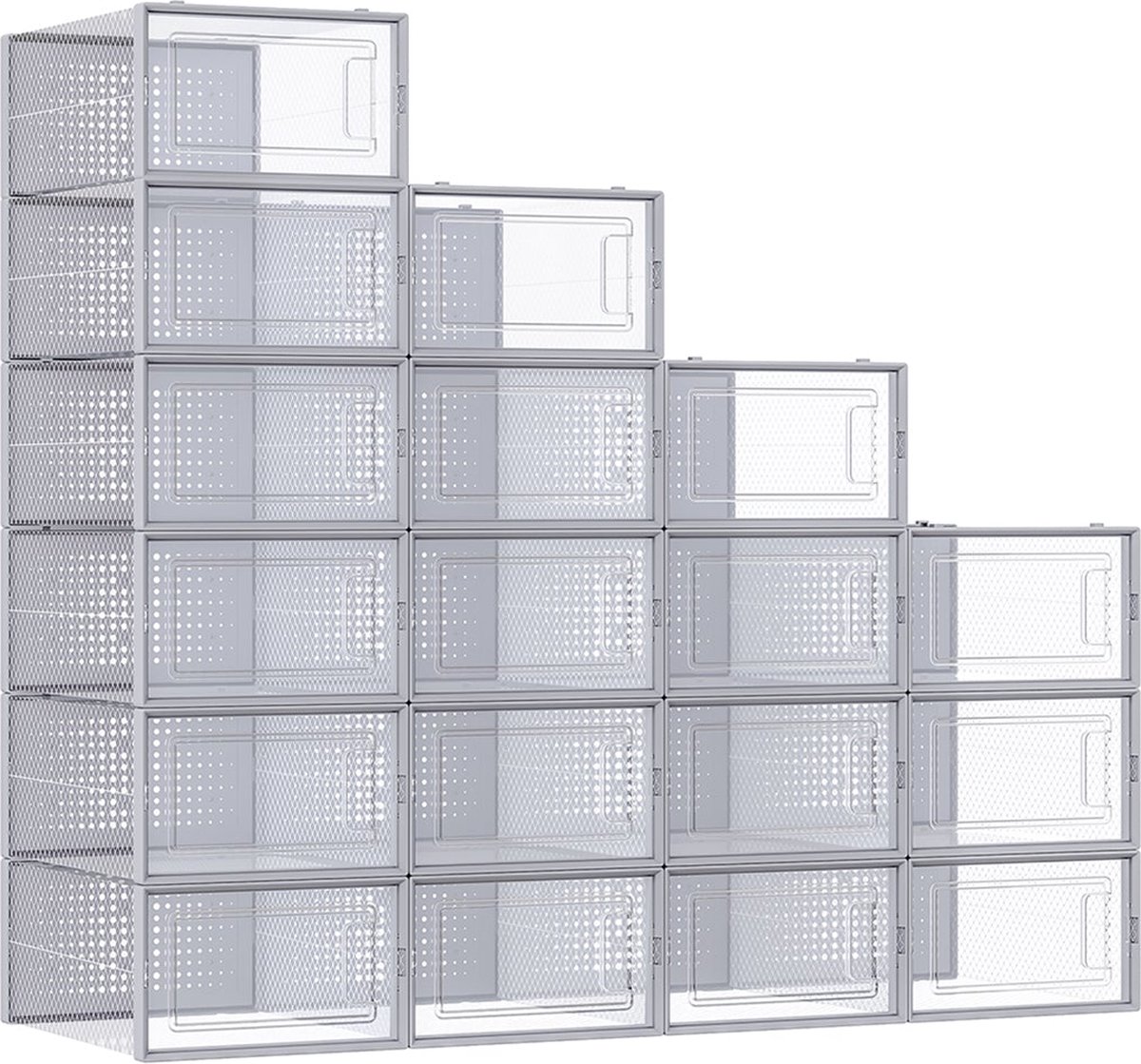 18-pack schoenendoosorganizer - opbergcontainer - stapelbare dozen - transparant grijs - PP-materiaal - ABS-frame - 33,5 cm x 23,2 cm x 14,3 cm - Schoenen efficiënt organiseren (6097636140167)