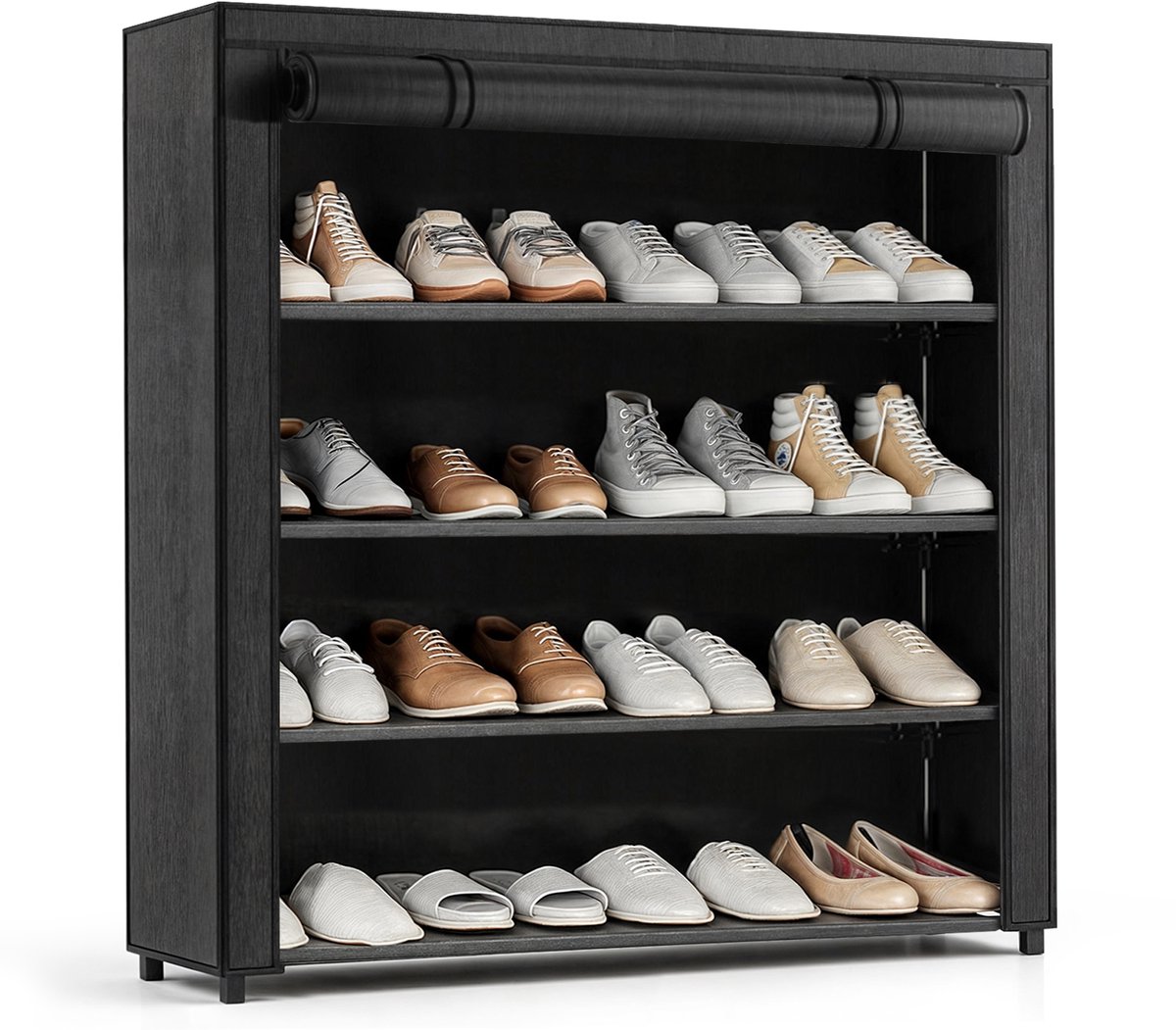 Avelona Schoenenkast Zwart - 4 Lagen Schoenenrek - Opbergkast voor 24 Paar - 72x100x28cm - Schoenen Opbergsysteem - Schoenenkast Zwart (8721249461651)