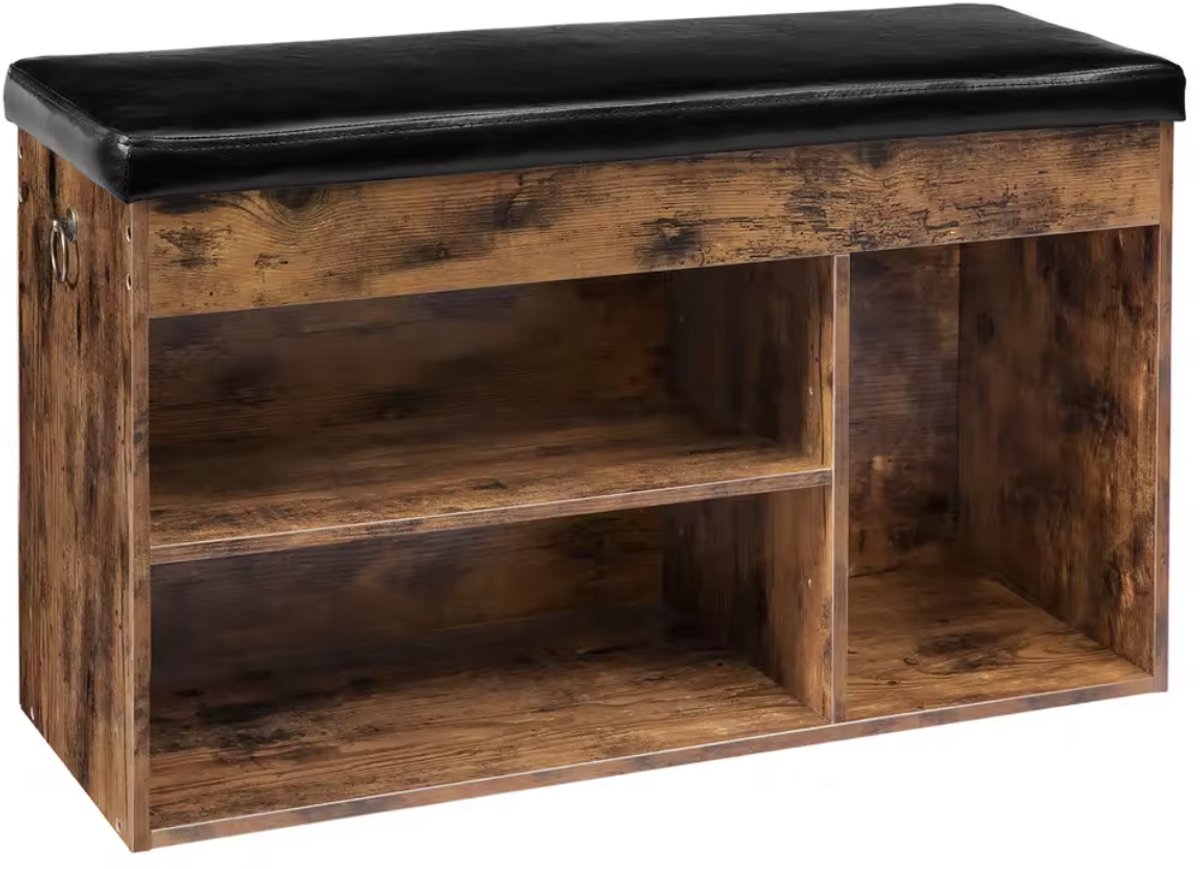 J&R Schoenenbank - Schoenenbank met zitkussen - Schoenenkast - Gang bank - Kist - Opbergkast schoenen - Hout - PU Leer - Bruin - 82x31.5x44cm (8721246195221)
