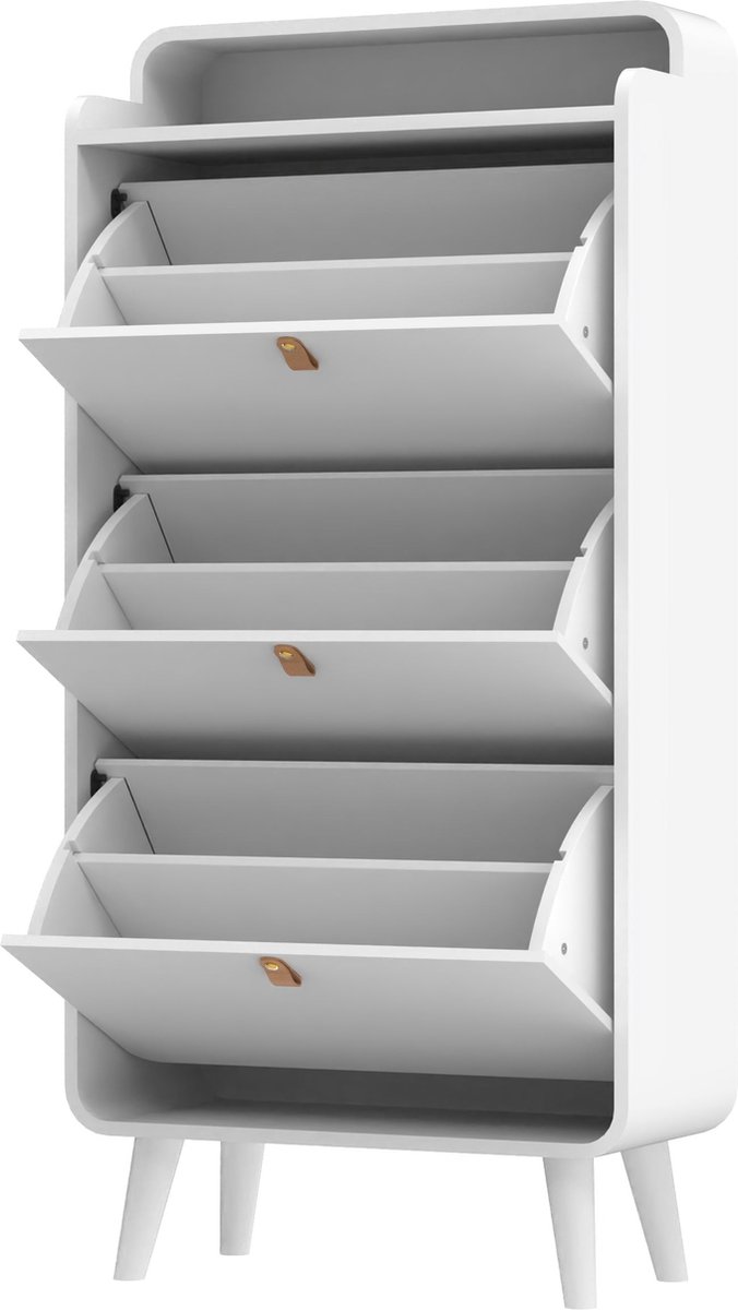 Merax Schoenenkast met 3 Klepdeuren - Vrijstaande Smalle Kast voor Schoenen met Topvak - Wit (8721178454335)