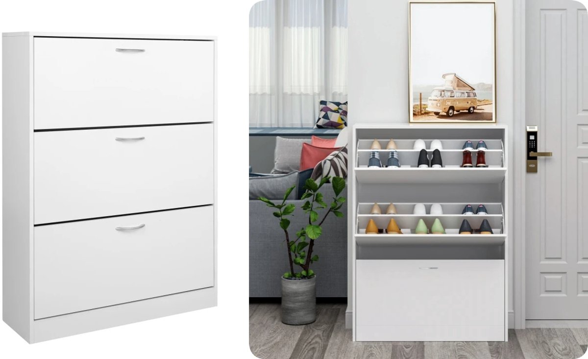 Mercadome® Witte schoenenkast - Schoenenrek - Modern & Praktisch - 16 paar - 110x80x24 cm - Wit (6150724975932)