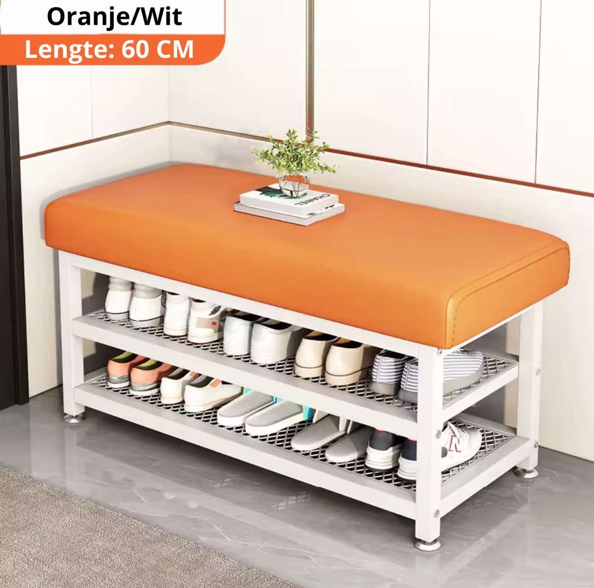 Schoenenkast - Schoenenbank - Schoenenrek - Kruk - Opbergruimte - Oranje/Wit - 60 CM - Schoenen - Opbergen (8720955214667)