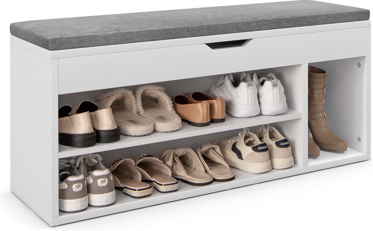 SureDeal® - Schoenenkast - Schoenenrek - Bankje - Garderobe - Wit - Grijs - 104x30x48 cm - Gang - Slaapkamer - Halmeubel (6150940476404)