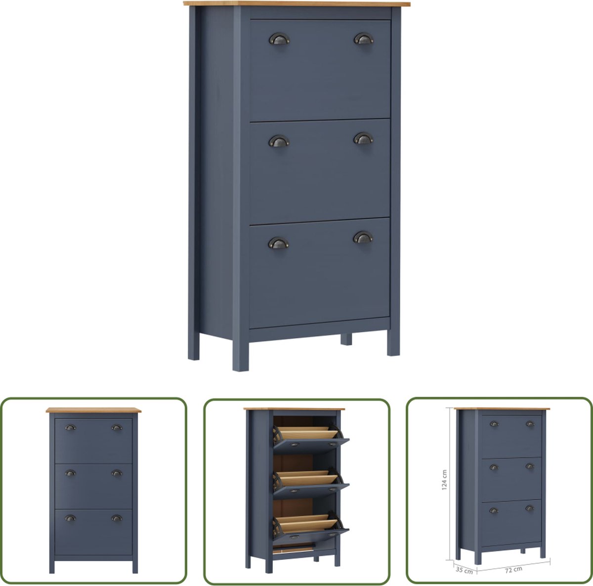 The Living Store Schoenenkast Hill 72x35x124 cm massief grenenhout grijs - Schoenenkast - Schoenen Organisatie - Groot Aantal Schoenen - Houten Schoenenkast - Grijze Schoenenkast (8721032025787)