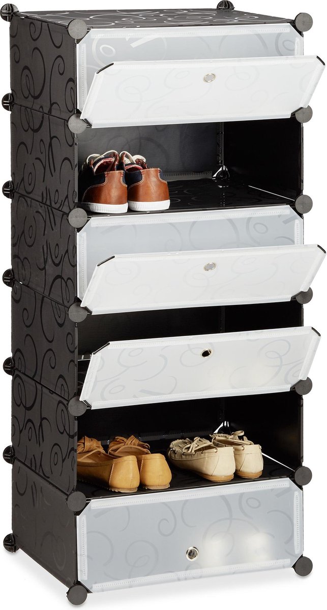 schoenenkast - kunststof - 6 vakken - kliksysteem - 107x49x37 cm - smal - zwart (4052025956387)
