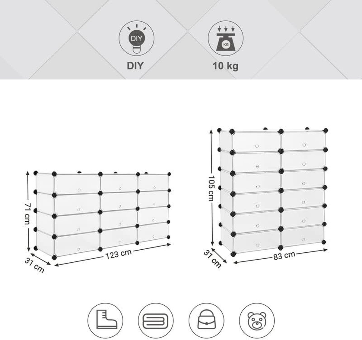 schoenenrek met 6 niveaus, kunststof schoenenkast, schoenenrekken, schoenenstandaards, halkast, dressoir, reksysteem, 40 x 17 x 30 cm wit LPC26W (7595981374620)