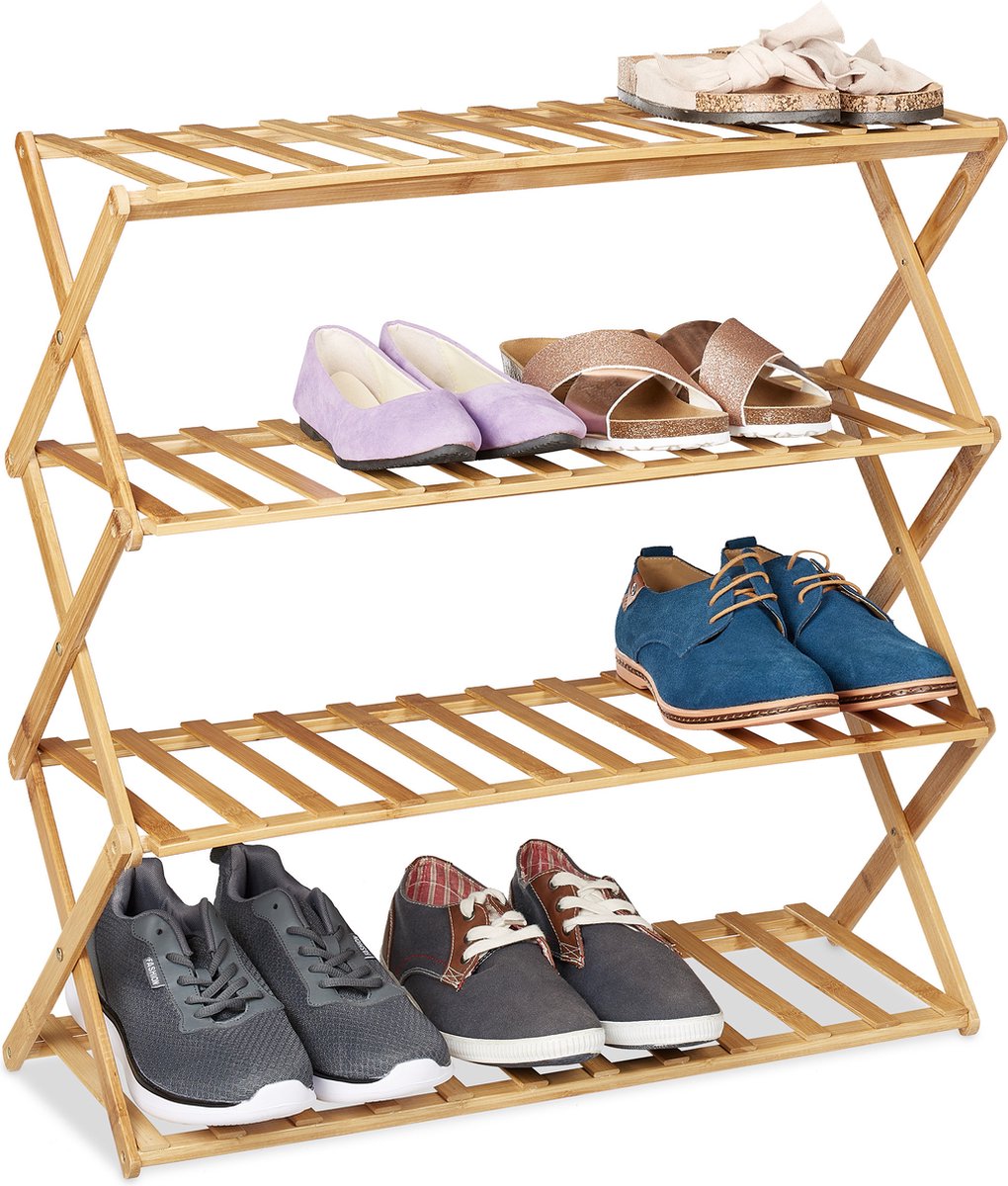 schoenenrek uitschuifbaar - 4 etages - 68x67x26 cm - voor 12 paar - laag - bamboe (4052025388379)