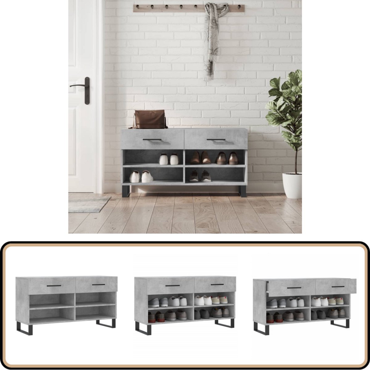 vidaXL Schoenenbank - Betongrijs - Hout - 102x35x55 cm Schoenenbank - Schoenenkasten - Opbergbank - Houten Bank - Industrieel Design (8056477344576)
