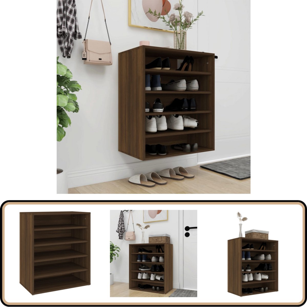 vidaXL Schoenenkast Bruin Eikenhout 60x35x70 cm Schoenenkast - Houten Schoenenkast - Bruine Schoenenkast - Kasten Voor Schoenen - Bergruimte Schoenen (8113138615892)
