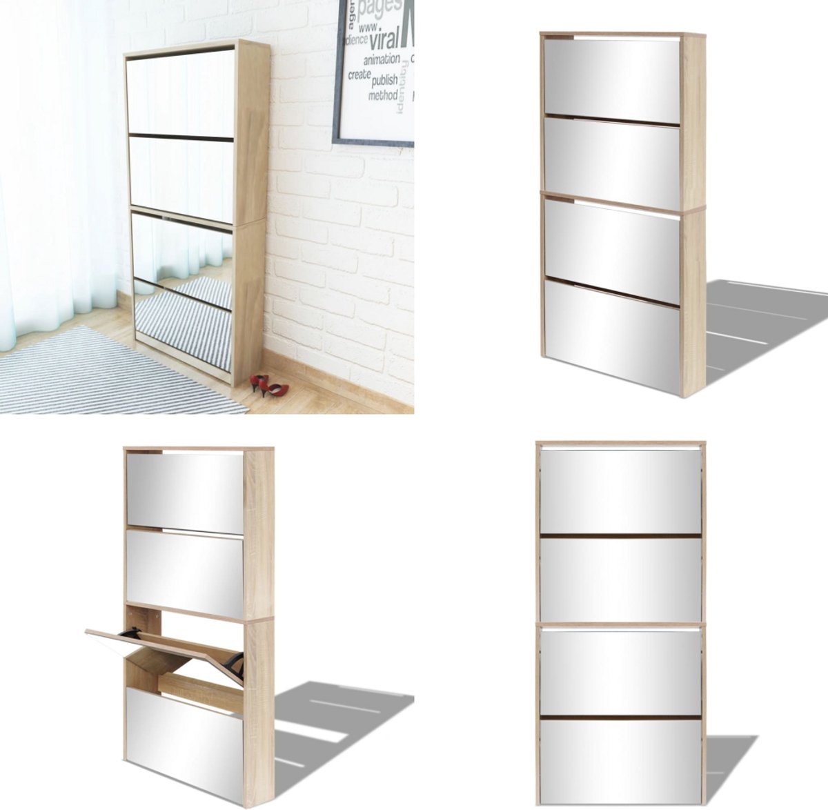 vidaXL Schoenenkast met 4 spiegels 63x17x134 cm eikenhout - Schoenenkast - Schoenenkasten - Schoenen Kast - Schoenen Kasten (8222034683789)