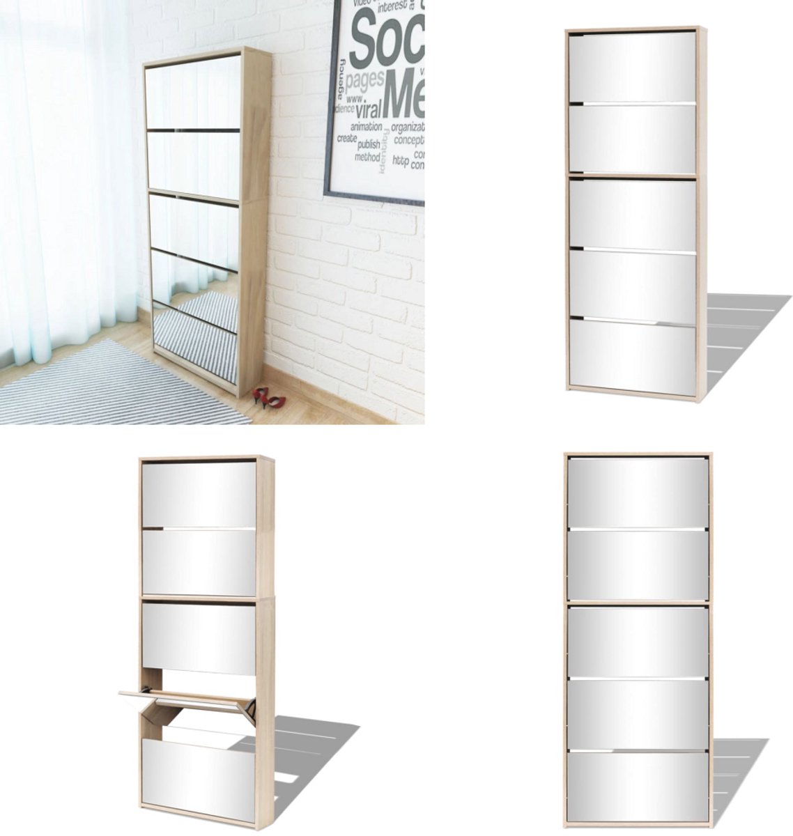 vidaXL Schoenenkast met 5 spiegels 63x17x169,5 cm eikenhout - Schoenenkast - Schoenenkasten - Schoenen Kast - Schoenen Kasten (8222034683758)