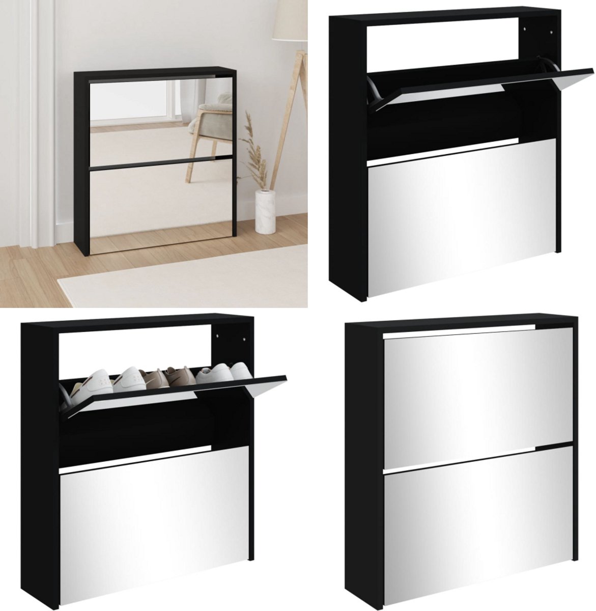 vidaXL Schoenenkast met spiegel 2-laags 63x17x67 cm zwart - Schoenenkast - Schoenenkasten - Berging Voor Schoenen - Schoenenrek (8259441608913)