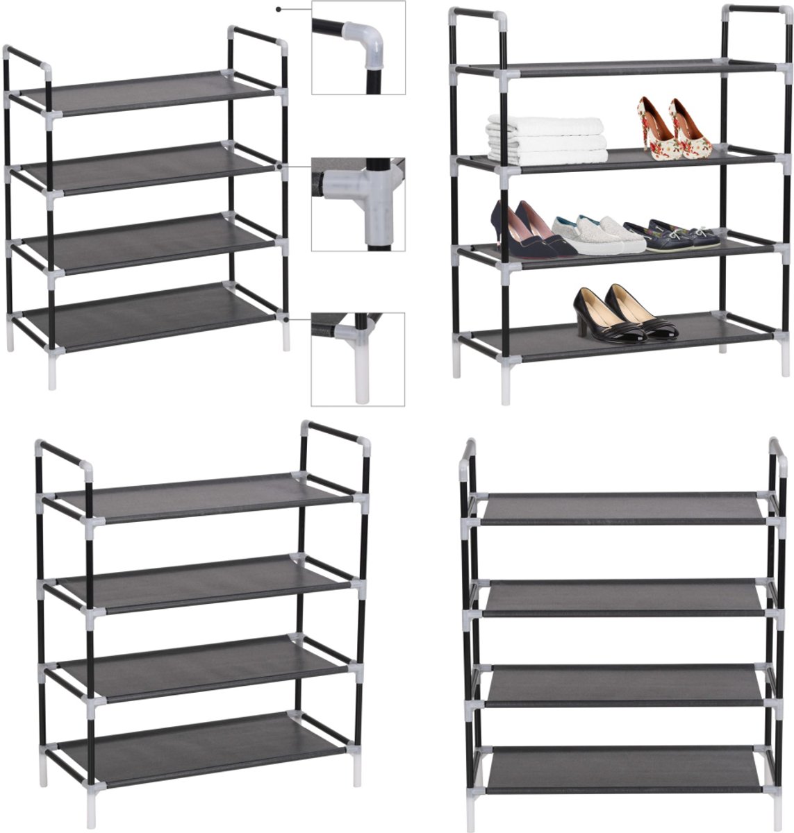 vidaXL Schoenenrek met 4 schappen metaal en ongeweven stof zwart - Schoenrek - Schoenrekken - Schoenorganiser - Schoenorganisers (8222034687602)