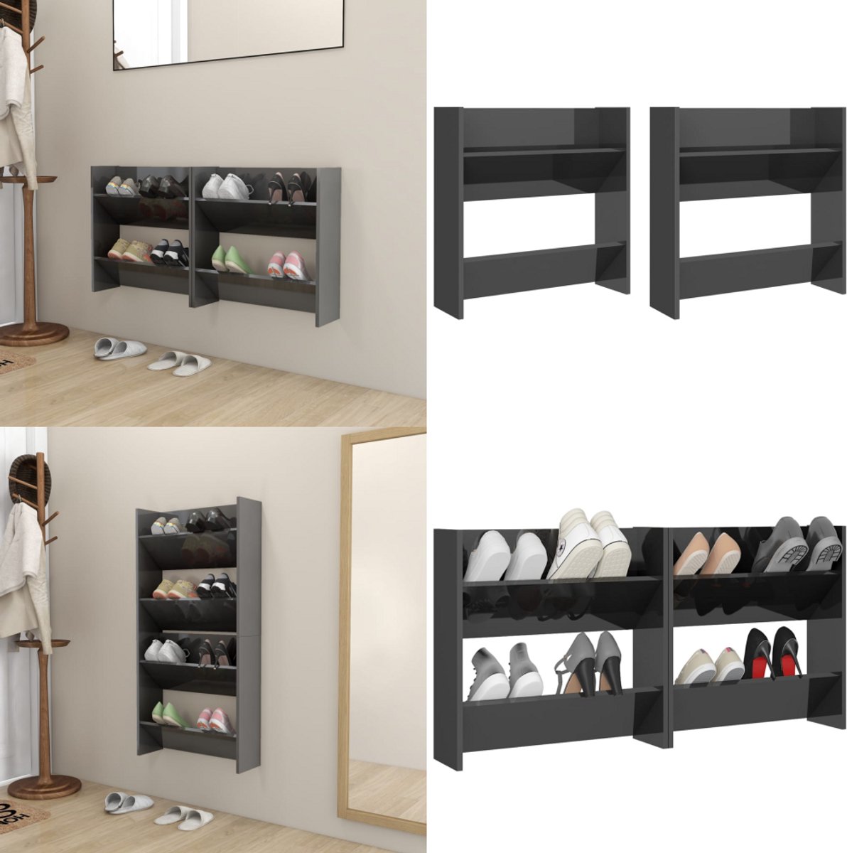 vidaXL Wandschoenenkasten 2 st 60x18x60 cm hout hoogglans grijs - Wandschoenenkast - Wandschoenenkasten - Wandkast Voor Schoenen - Wandkasten Voor Schoenen (8222034688555)