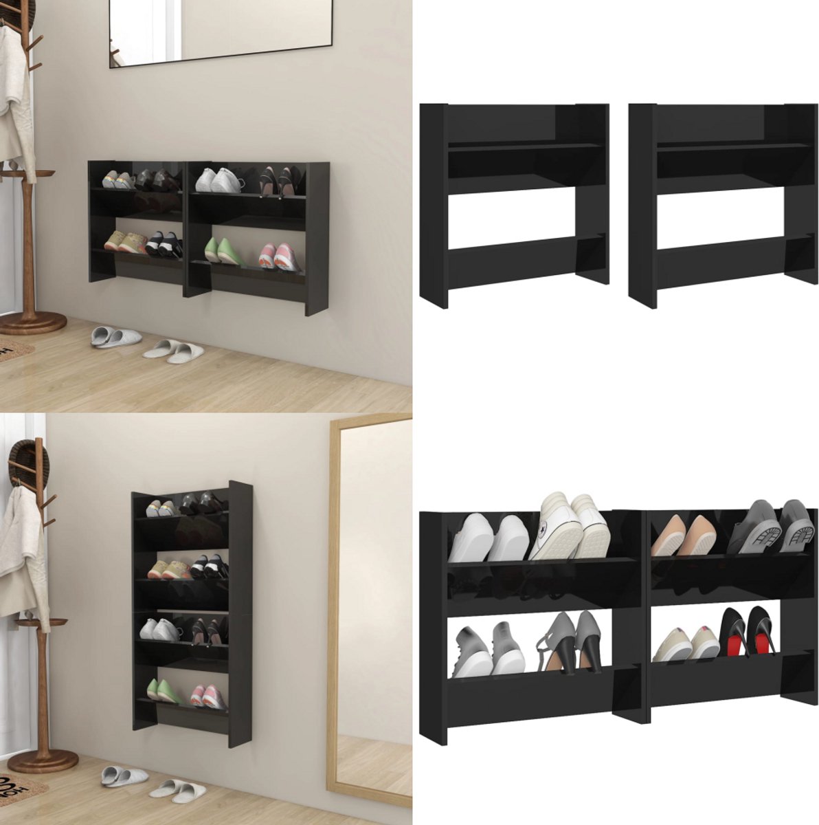 vidaXL Wandschoenenkasten 2 st 60x18x60 cm hout hoogglans zwart - Wandschoenenkast - Wandschoenenkasten - Wandkast Voor Schoenen - Wandkasten Voor Schoenen (8222034686803)