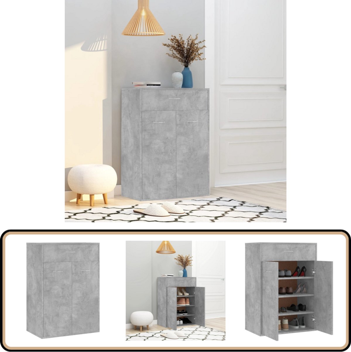 vidaXL schoenenkast betongrijs 60x35x84 cm Schoenenkast - Schoenuitlegers - Bergruimte - Entree Meubilair - Kastje (8308185822991)