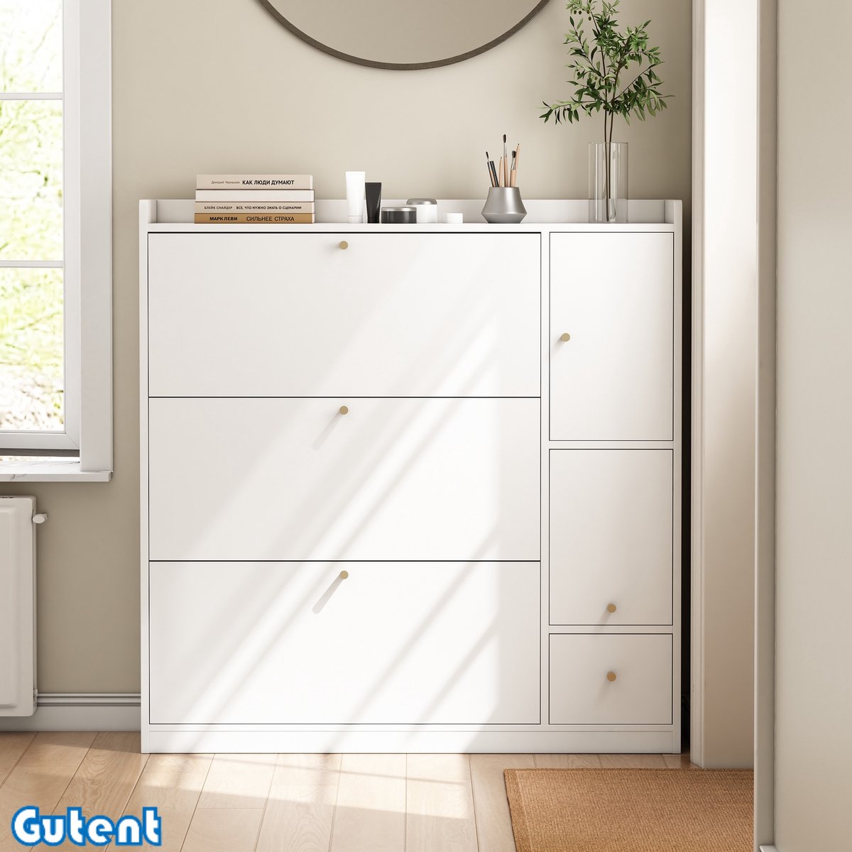 Gutent Schoenenkast-Met 3 Inklapbare Laden-Met Inklapbare Bank-Wit-119*24*122cm (4843258462215)