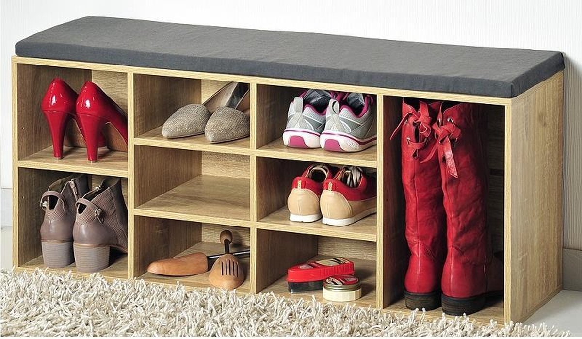 Schoenenkast met zitkussen | Schoenenkast met Grijs zit kussen | Schoenenrek | Afm. 103,5 x 29,5 x 48 Cm. Kleur: NATUUR HOUT (4000270159206)